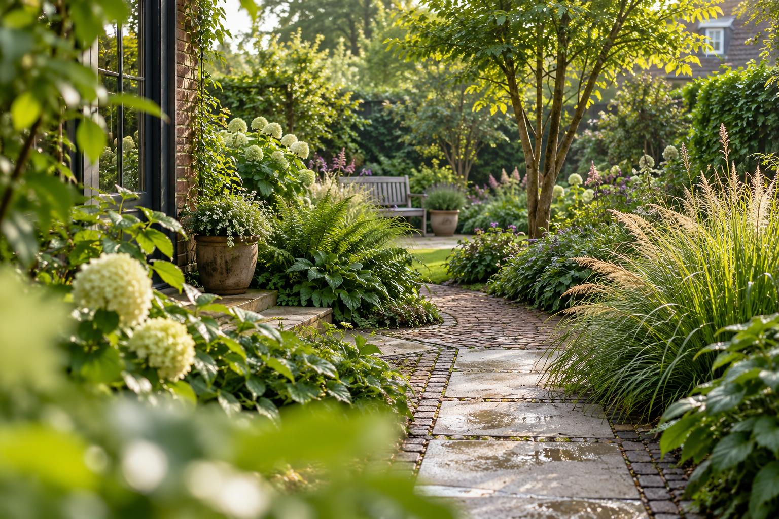Een groene tuin met weelderige borders en een verzorgd stenen pad